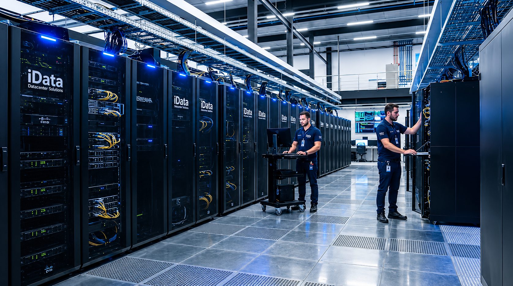 Fileiras de racks de servidores em um data center corporativo