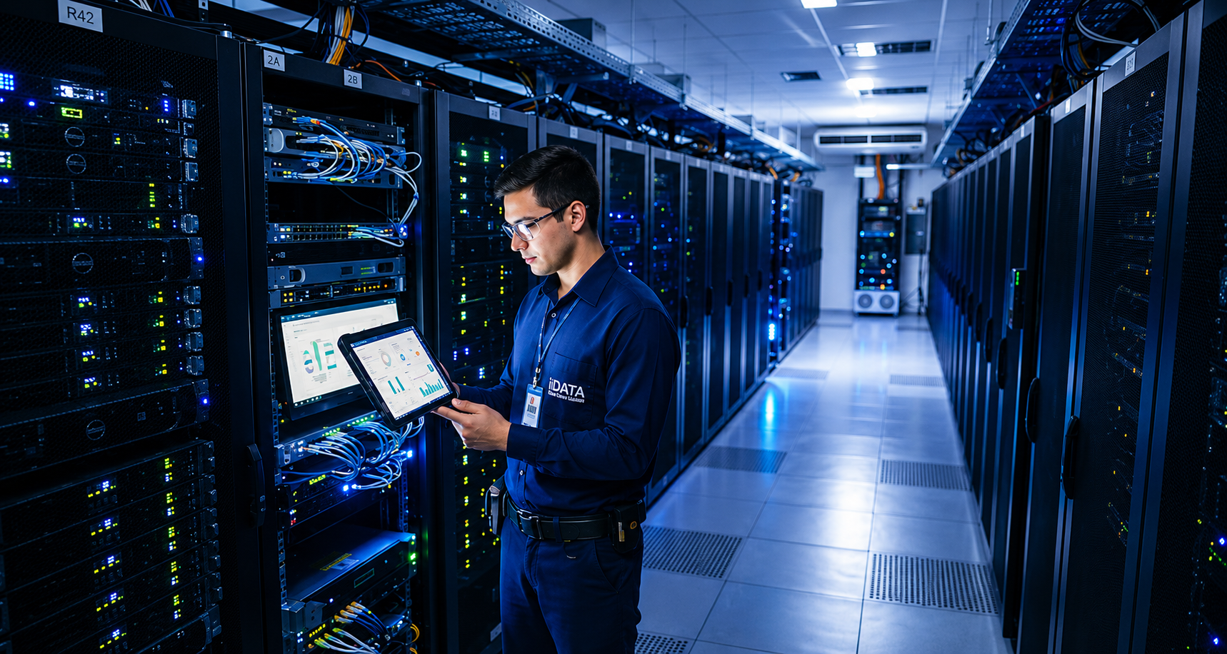 Corredor de data center com racks de servidores e técnico verificando indicadores em um tablet